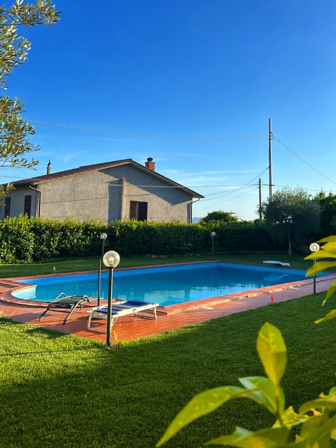 The pool and the garden lawn, with the house behind